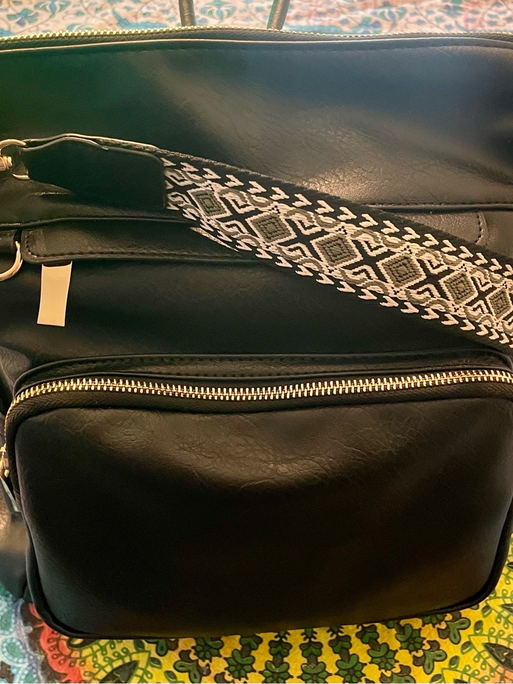 Black Women's Faux Leather Backpack with Patterned Strap